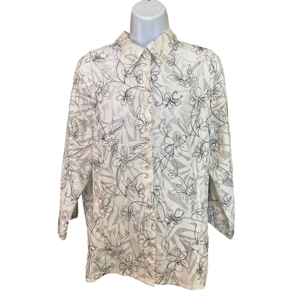 Alfred Dunner Sheer Button Up Blouse 18 Floral White Black Cottagecore Office